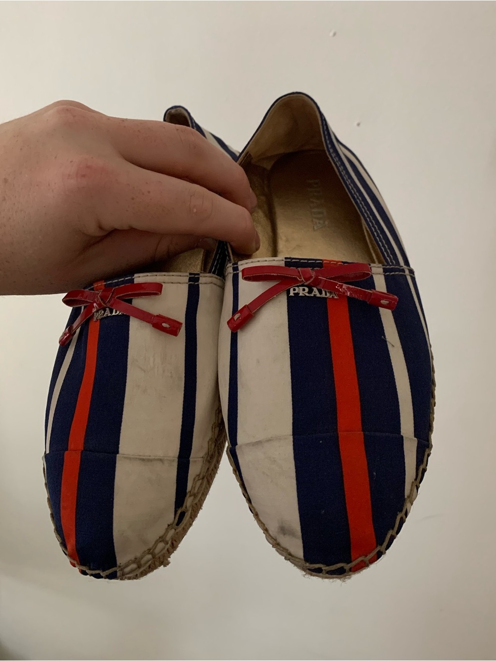 Prada Radzimir Espadrille Striped Logo Bow 36.5 Flats Navy Italy Cap Toe